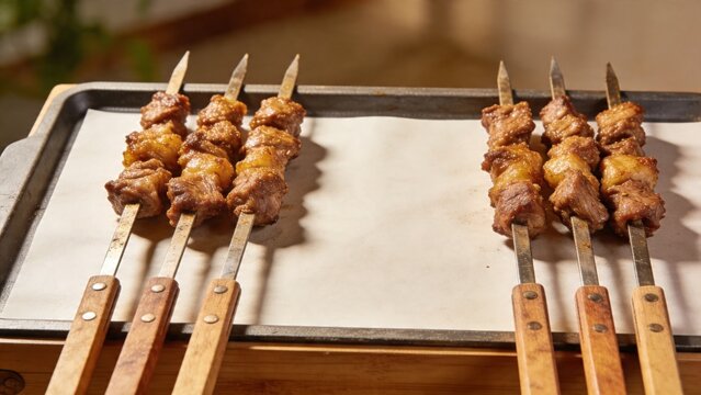 Grilled meat skewers on a baking sheet with parchment paper Sate Daging