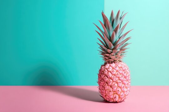 Pink pineapple on pink and teal background studio shot