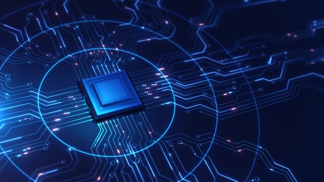 3D Render of Blue CPU Processor on Circuit Board central processing unit chip motherboard glowing data signals. for hardware reviews, cybersecurity , computer engineering, processing power concepts 4K
