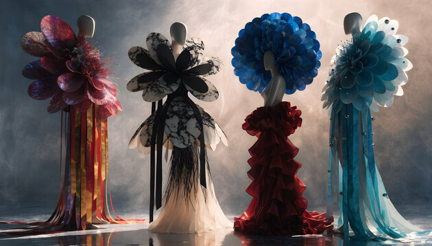 Avant-garde haute couture fashion display, sculptural floral gowns on mannequins, artistic high-fashion exhibition with dramatic lighting and smoke 4k, Premium Quality,