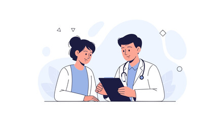 Fototapeta premium Doctor and patient discussing medical results on tablet, modern healthcare illustration