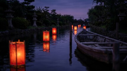 Obraz premium Traditional Japanese lantern festival with floating paper lanterns on river and wooden boat at dusk, Obon festival concept 