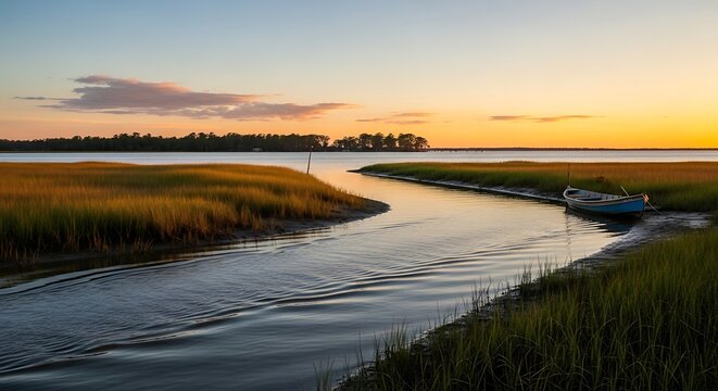 Coastal landscape with waterway at sunset featuring boat and natural elements