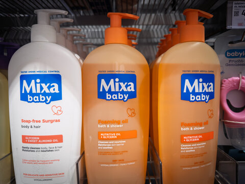 BELGRADE, SERBIA - MARCH 22, 2026: Mixa Baby products for sale on a supermarket shelf in Belgrade, Mixa, part of l'Oreal and Lascad, is a French brand of cosmetics, hygiene and personal care products.