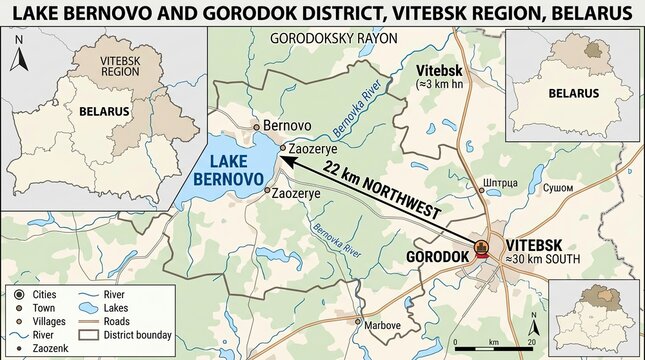 Map of Lake Bernovo and Gorodok District in Vitebsk Region Belarus