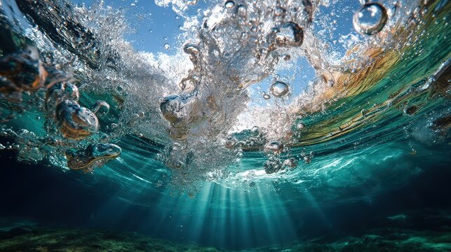 Underwater View of Turbulent Bubbles and Sunlight Under a Breaking Ocean Wave with Turquoise Water