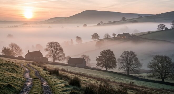 Misty Sunrise Over Rolling Hills and Rural Landscape with Silhouetted Trees and Cottages.