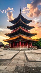 Obraz premium A pagoda with multiple tiers and a tiled courtyard