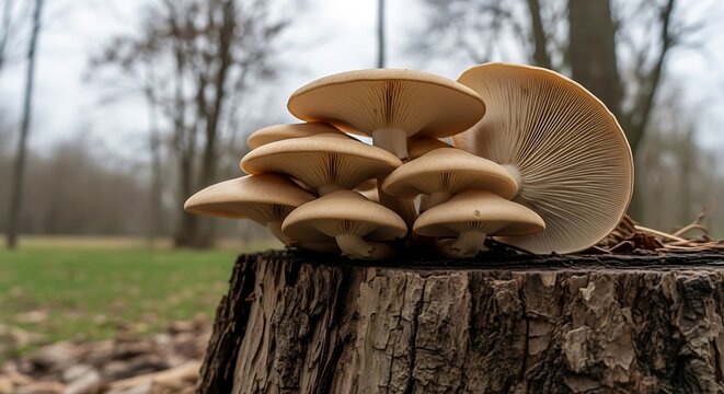 Cluster of oyster mushrooms growing on tree stump outdoors
