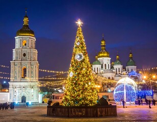 Obraz premium A large Christmas tree in a city square at night