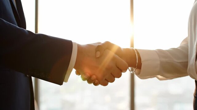 Two businessmen shaking hands in agreement.
