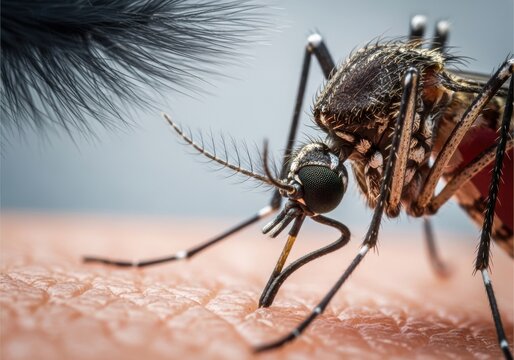 Close-up of black mosquito biting human skin in outdoor sunlight