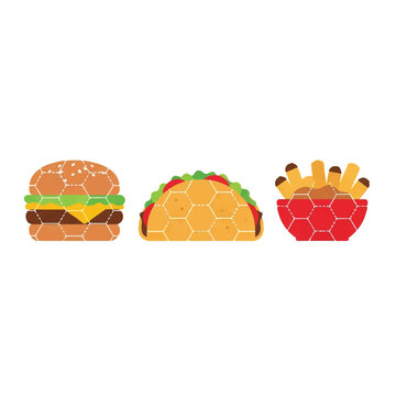 Minimalist flat vector icons of a burger, a taco, and a poutine dish, each featuring a subtle soccer ball stitch pattern on their surface. The icons are arranged in a clean row, celebrating the