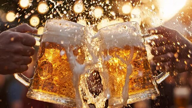 Two hands clinking beer steins together.