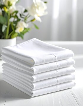 A stack of neatly folded white sheets on a table