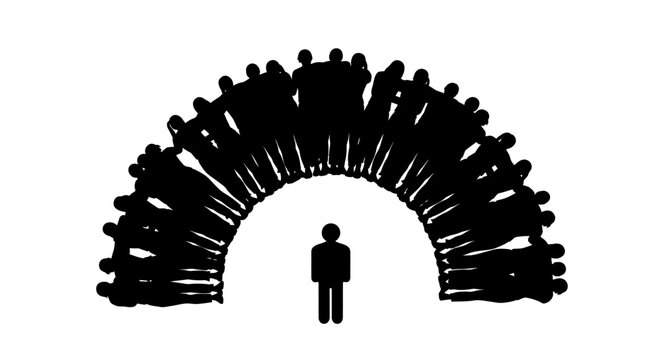Silhouette of a single person facing a crowd.