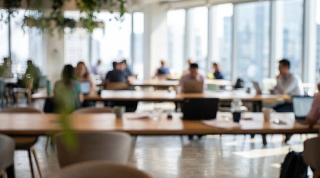 Bright airy modern office interior blurred background. Defocused professional coworking workspace with people for web banner.