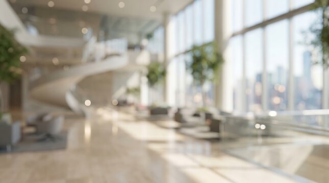 Blurry modern office lobby interior with spiral staircase and city view. Corporate business background for professional presentations and banners.