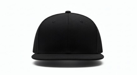 Fototapeta premium Plain Black Snapback Cap Floating on Pure White Background Front View Professional Studio Lighting No Text or Logos Photorealistic High-End Commercial Product Shot