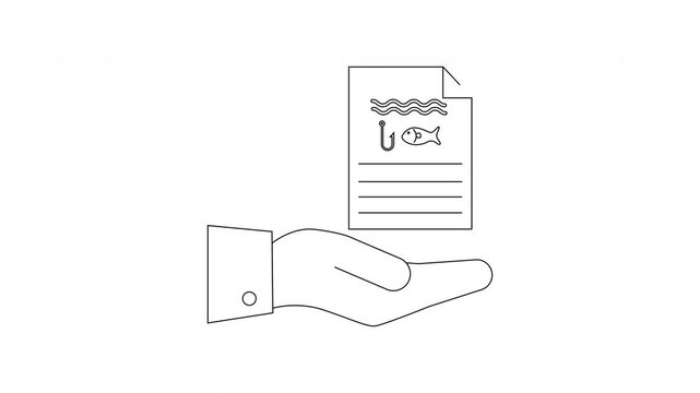 Hand Holding Document with Fishing Hook and Fish Icon.