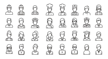 Obraz premium Collection of Diverse Simple People Avatar Icons in Line Drawings.