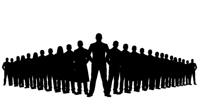 A large group of people silhouettes standing together.