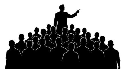Naklejka premium a man stands on a podium addressing a crowd of people.