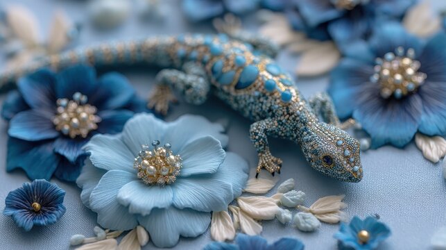 Close-up of a Lizard in profile, crafted from jewelry details. Pale blue velvet background. Blue and white flowers. Luxurious 3D sculptural relief