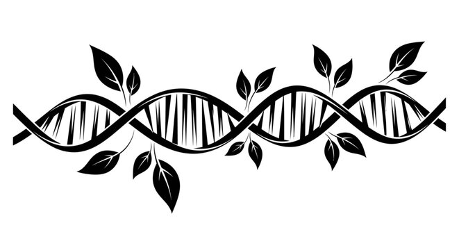 DNA double helix with leafy green elements.