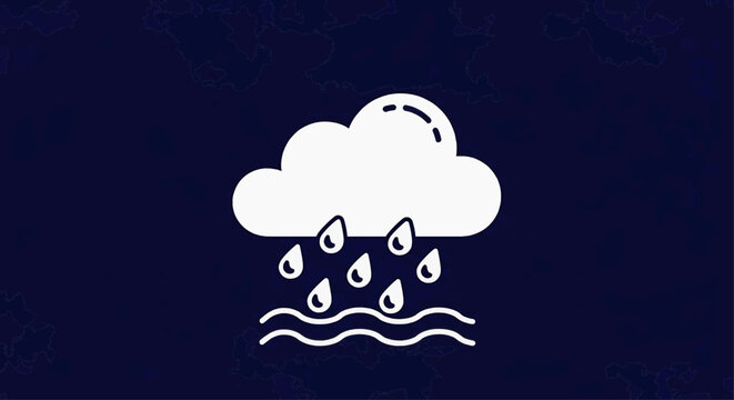 The rainy cloud pours droplets into the wavy water below on a dark background.