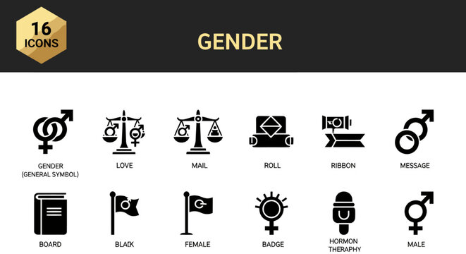 Diverse gender and sexuality symbols icon set with simple black line illustrations.