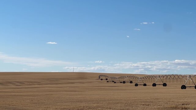 Long span pivot irrigation equipment crossing harvested prairie field in rural Alberta under open sky