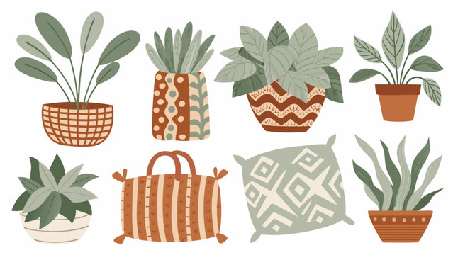 Stylized botanical illustration featuring potted plants a basket and a pillow