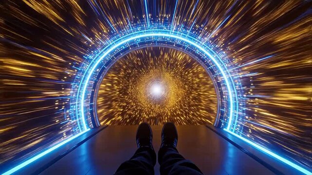 Time travel portal with blue light tunnel and shoes in motion
