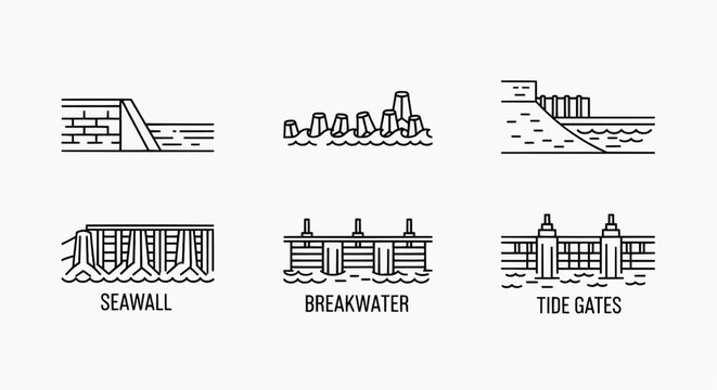 Coastal protection structures including seawall, breakwater, and tide gates are illustrated.