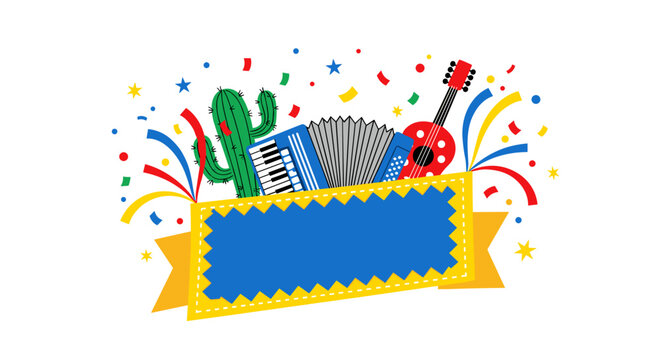 Festive celebration with mexican music elements cactus accordion guitar and confetti on a banner for fiesta events