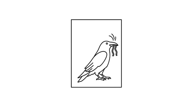 Black and white line art of a crow holding worms in its beak, simple illustration.