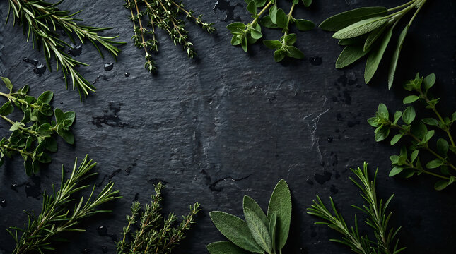 Fresh green herbs border on dark slate background with copy space