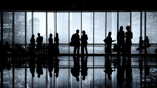 Silhouettes of business people gathered in a modern office lobby with large windows.