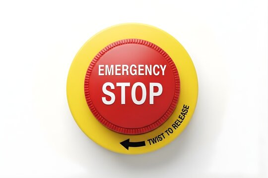 Close-up of red emergency stop button on yellow background