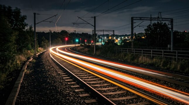 Long Exposure of Train Tracks at Night with Light Trails