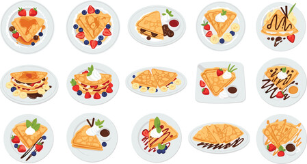 Fototapeta premium Dessert Plate Vector Set with Pancakes, Crepes, Waffles, Ice Cream, Fruits and Sweet Toppings, Delicious Food Collection for Cafe Menu and Restaurant Design