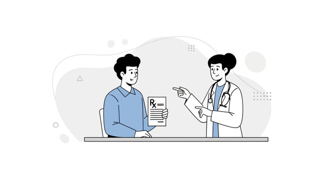 Doctor shows prescription to patient, healthcare consultation, medical advice, rx symbol