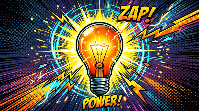 Bright idea concept with a glowing lightbulb surrounded by vibrant comic book style energy bursts and bold text conveying power and innovation, perfect for technology or creative themes