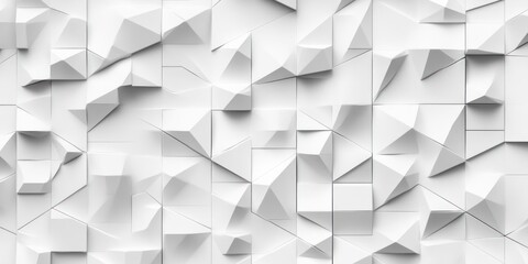 Fototapeta premium white geometric 3d wall of folded triangular panels and square tiles with soft shadows, minimalist abstract texture evoking calm modernity