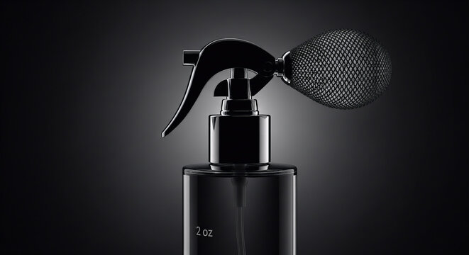 Minimalist black and silver 2 oz spray bottle with atomizer bulb on a dark background for luxury cosmetic skincare and professional beauty product design