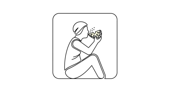 Person in beanie eating fruit, minimalist line art, healthy lifestyle, fresh food concept