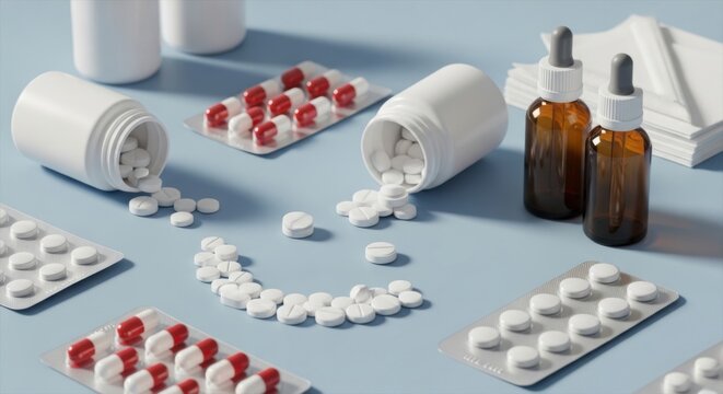 Prescription medication pills and capsules spilling from open bottles on light blue background, healthcare and pharmacy concept