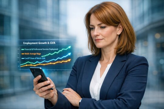 Businesswoman Reviews Cardiff Financial Services Employment Welsh Average Wage and GVA Share on Holographic Chart