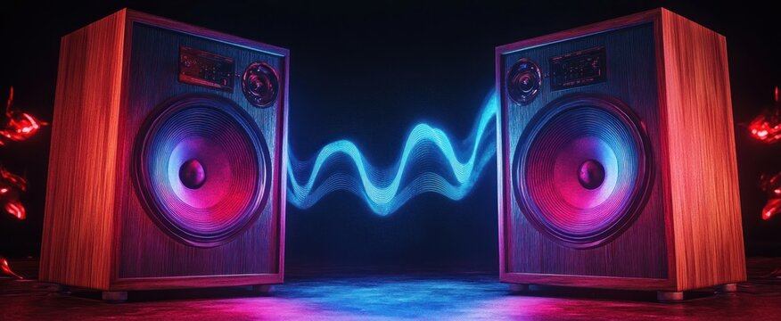 Two wooden speakers facing each other with a glowing blue soundwave between them, neon pink and purple lighting, vibrant energetic atmosphere
